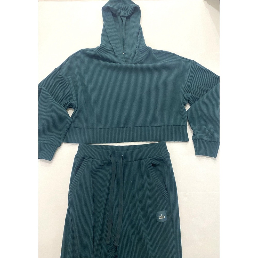 Alo Yoga Ribbed Knit Hoodie Sweatshirt & Joggers Pants Set. Small